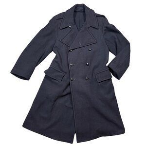 Vintage British Military Long Wool Double Breast Navy Blue Pea Coat Mens Medium